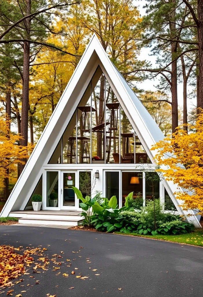 : Stylish tiny off-white A-frame house in autumn