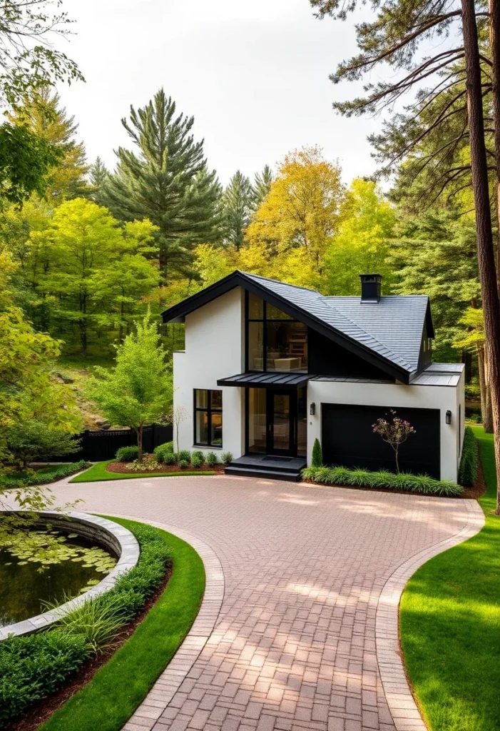 Minimalist black and white house design, peaked roof, vaulted entry, large windows.