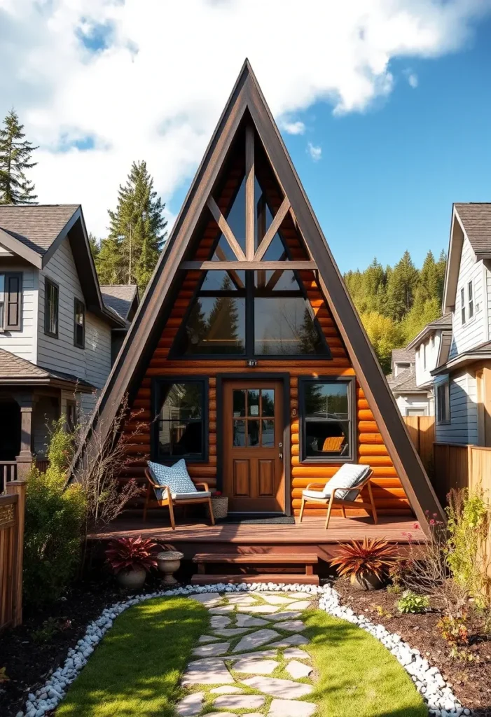 Dream tiny A-frame cabin with a warm wood exterior, dark trim, and a charming front porch.