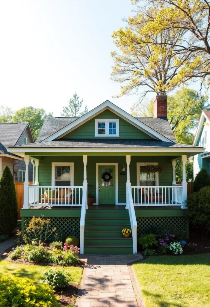 Green tiny cottage with white porch and flower garden