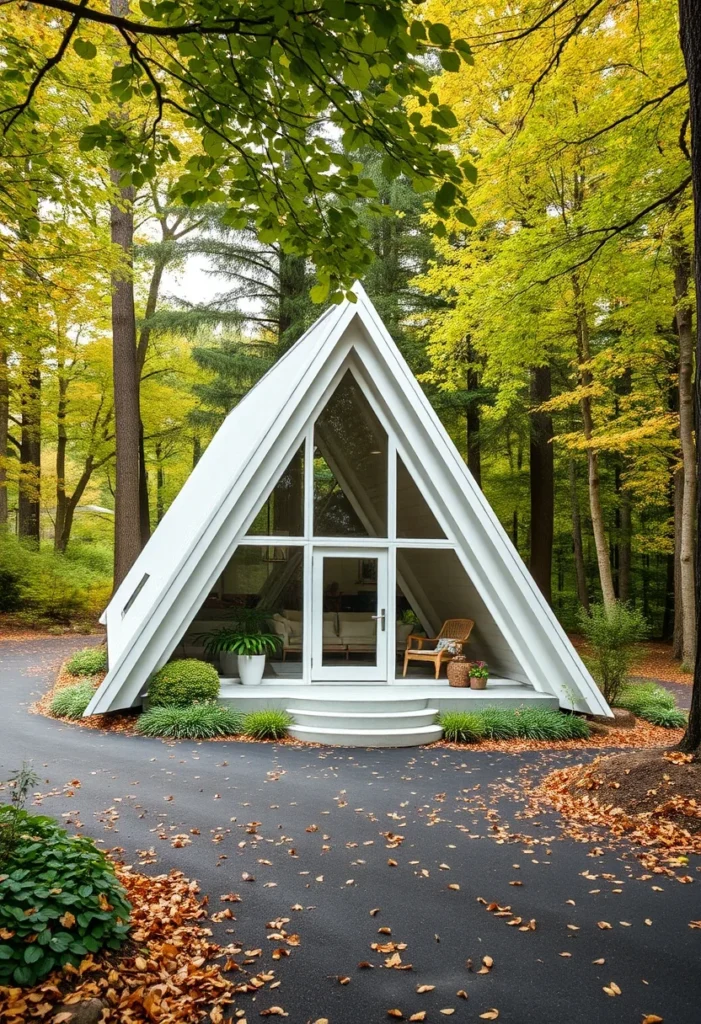 Secluded off-white A-frame cabin in the forest