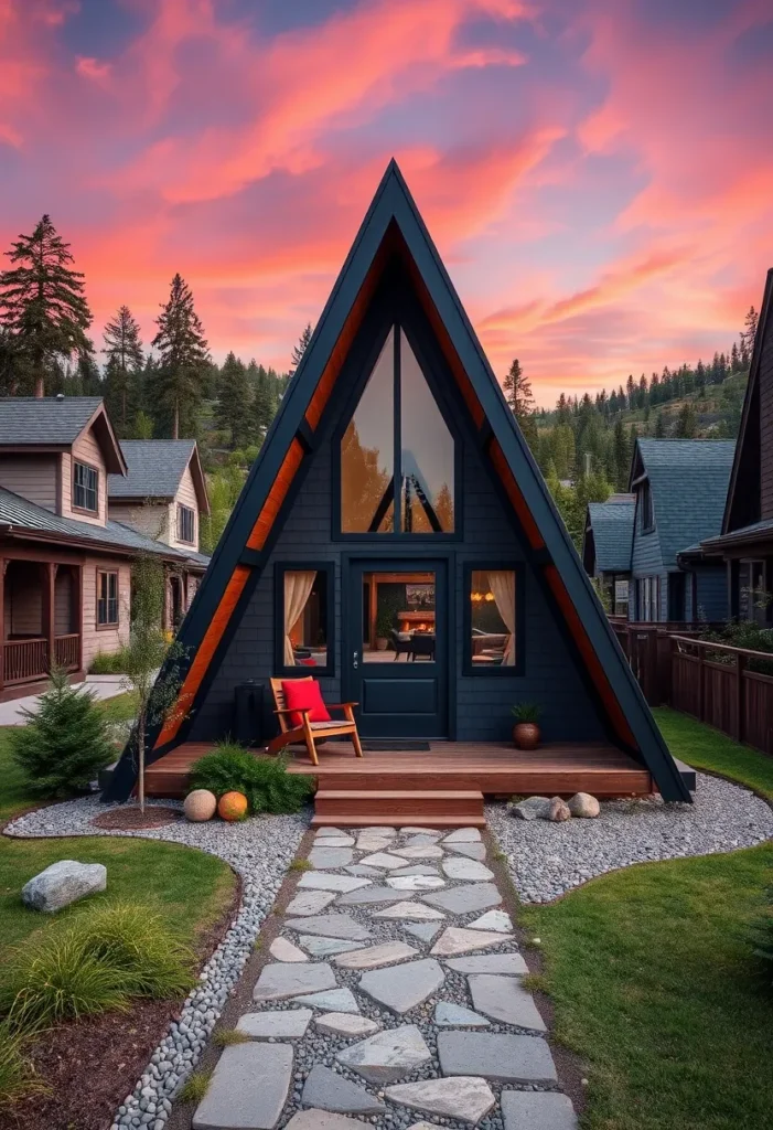 Dream tiny A-frame cabin with a dark exterior silhouetted against a vibrant sunset sky.