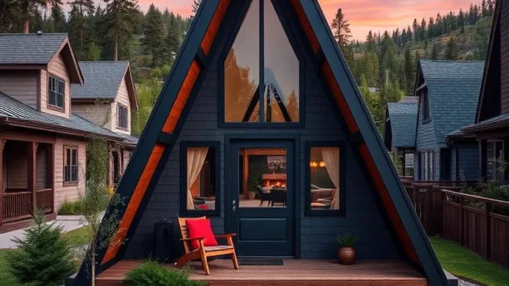 Dream tiny A-frame cabin with a dark exterior silhouetted against a vibrant sunset sky.