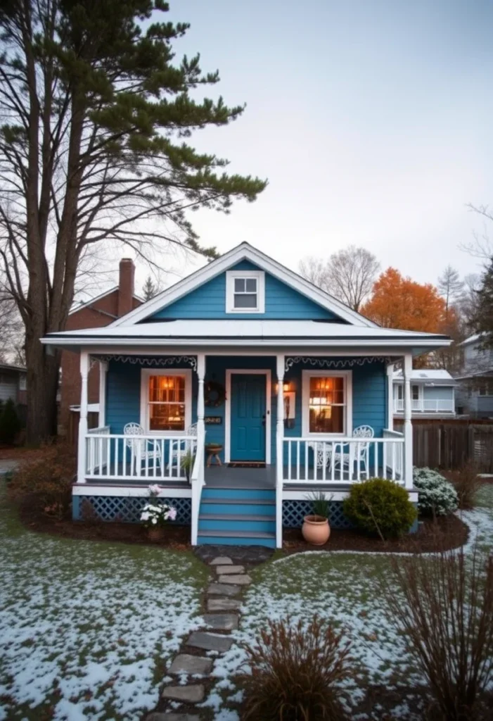 Blue tiny cottage with white trim and porch in winter