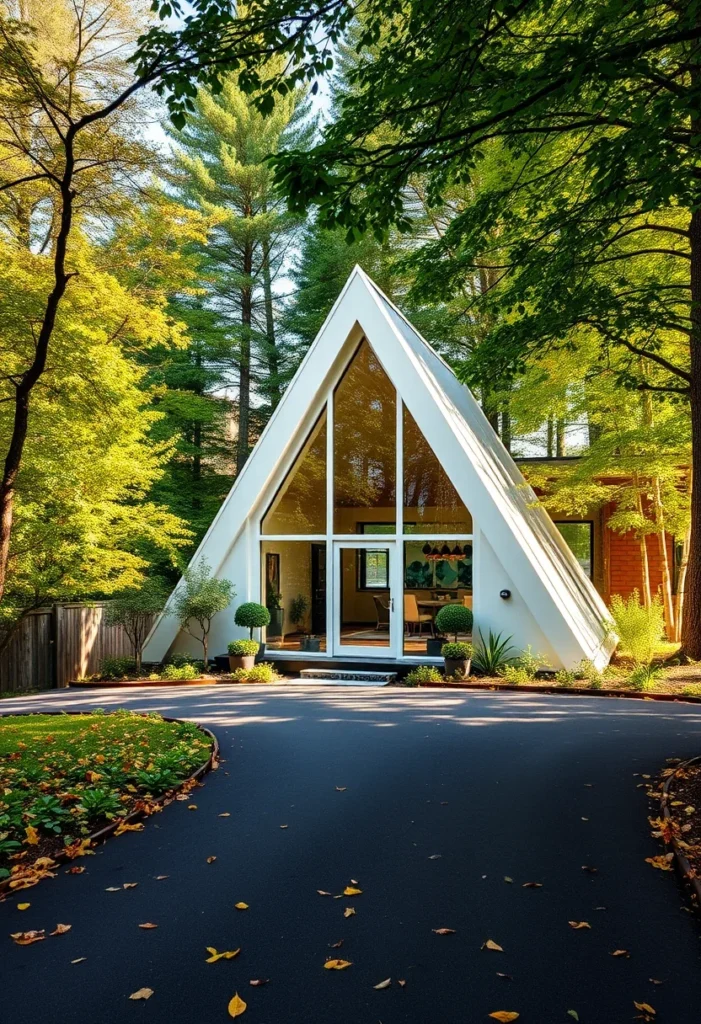 Classic off-white A-frame cabin with modern design