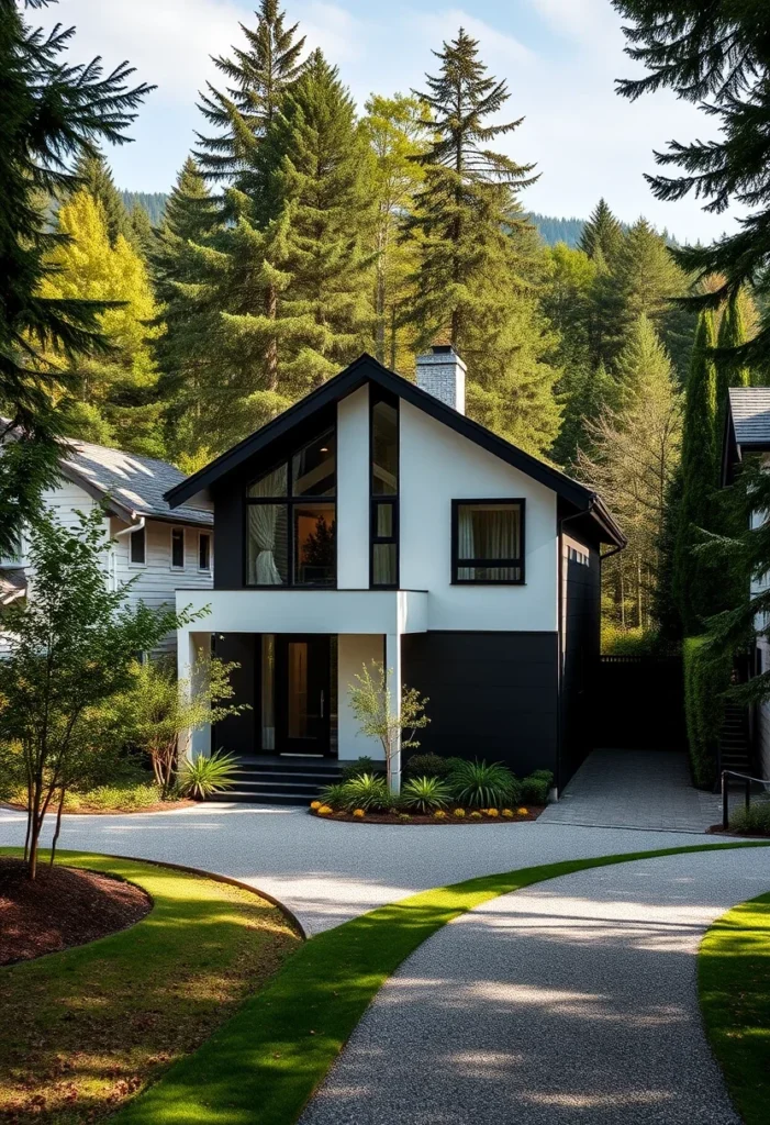 Two-tone minimalist black and white house design, gable roof, large windows.