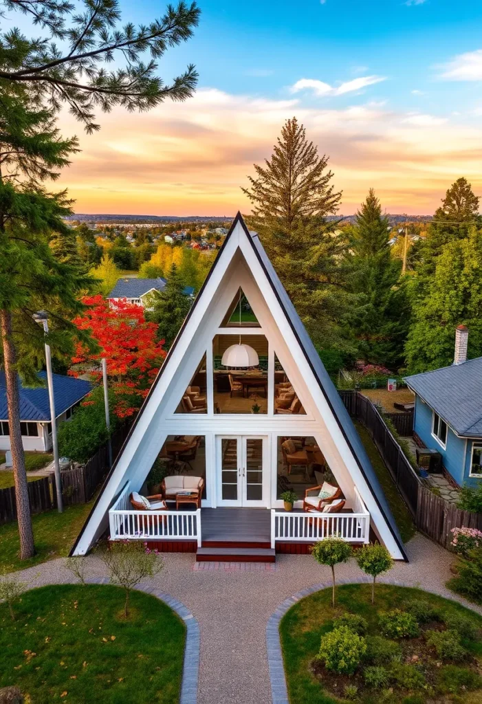 Dream tiny A-frame cabin with a bright white exterior and symmetrical design.