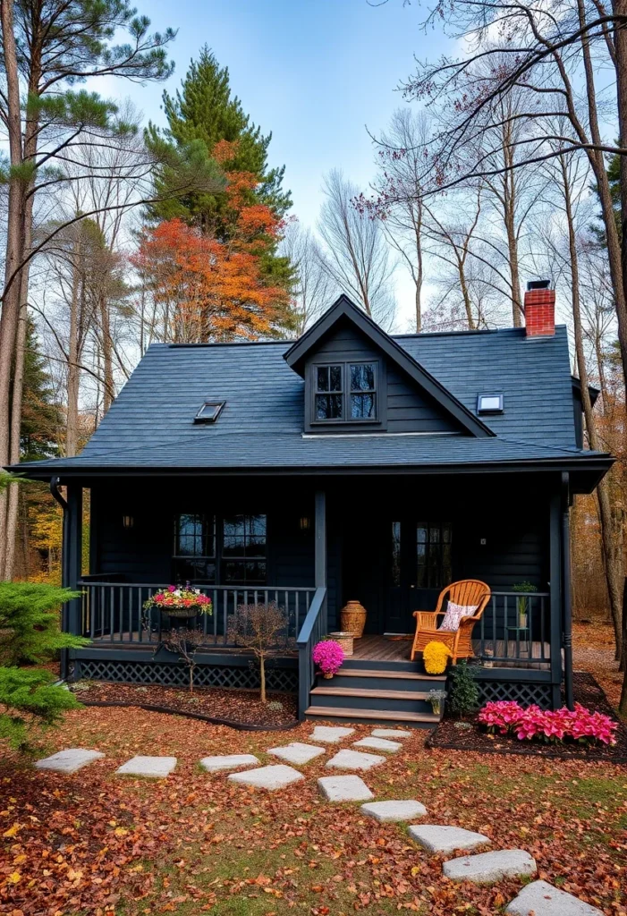 Black cottage with single dormer and stone pathway