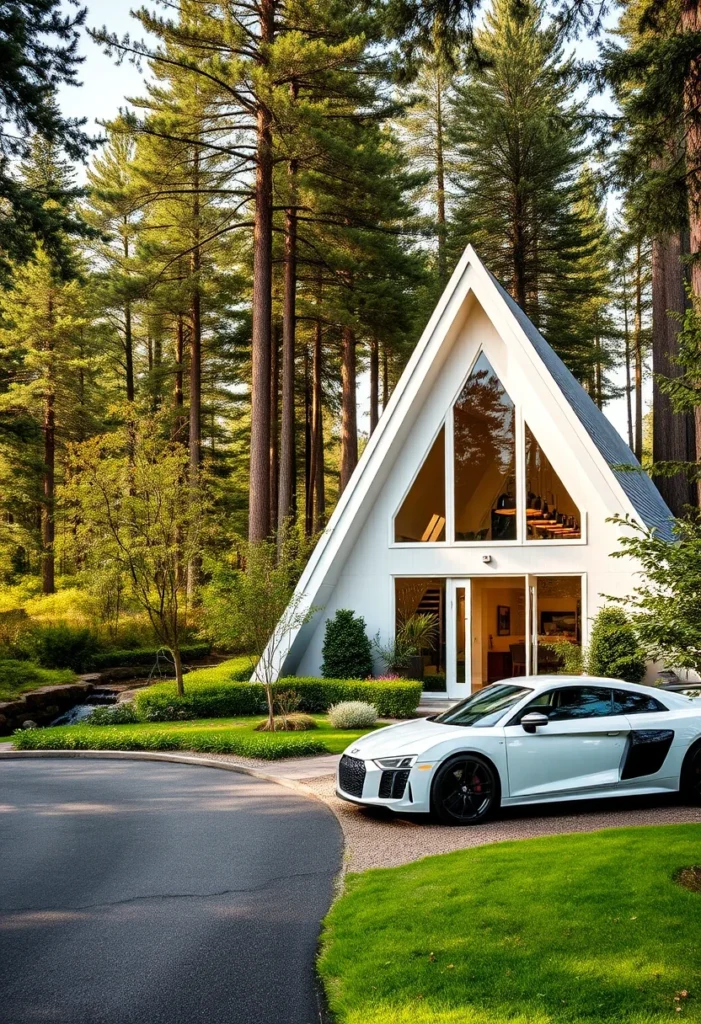 Off-white A-frame house surrounded by tall trees