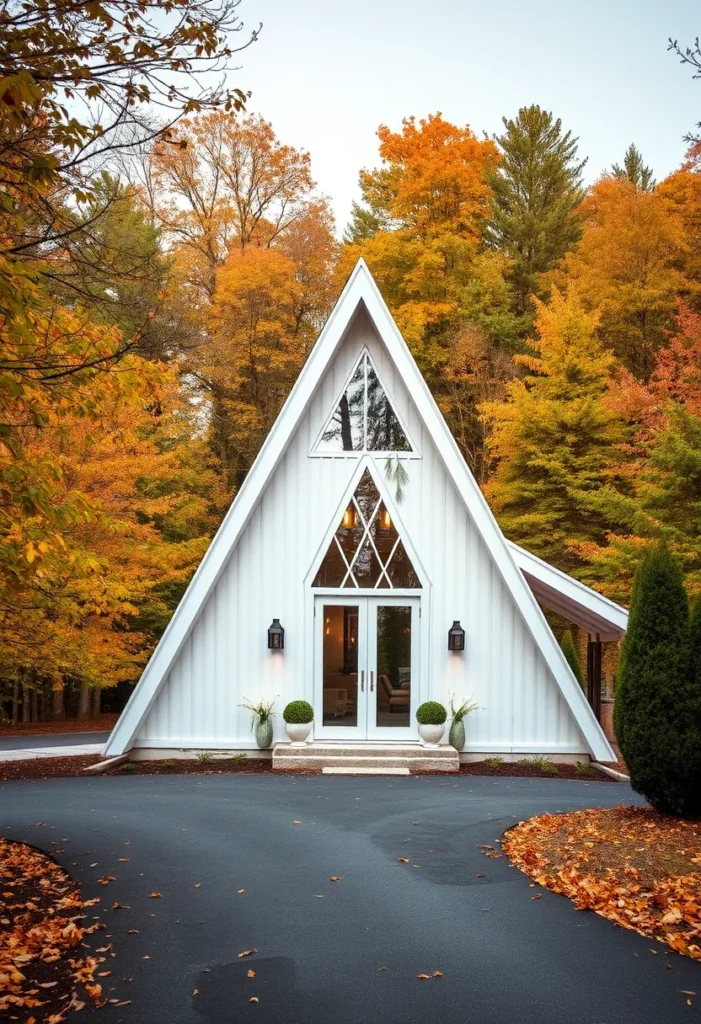 off-white A-frame houses