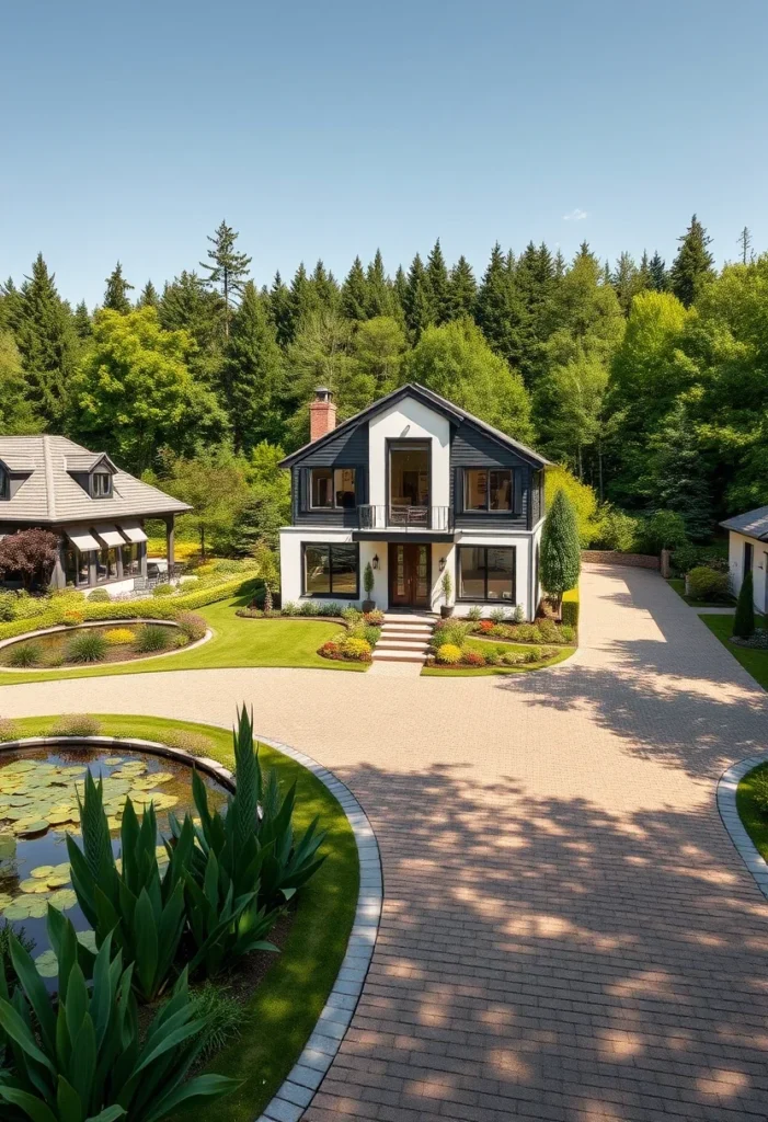 Symmetrical minimalist black and white house design, central gable, dark upper level.