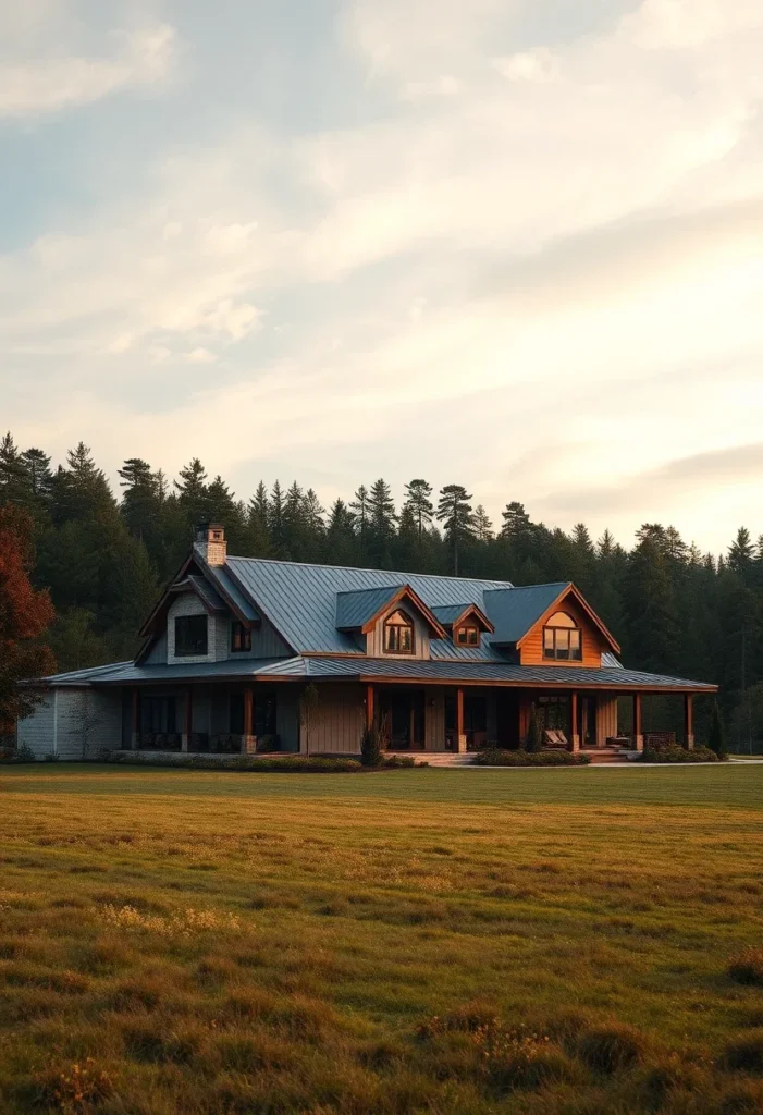 Farmhouse cottage with large surrounding open field.