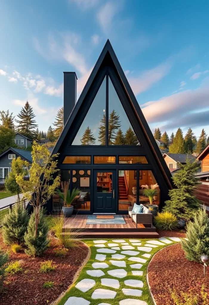 Dream tiny A-frame cabin with a dark exterior and large windows.