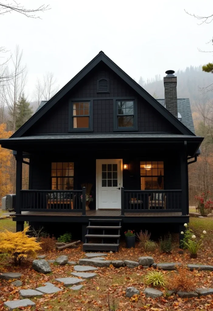 Black cottage with white front door and symmetrical windows