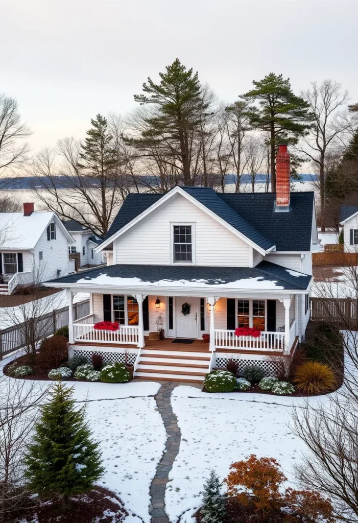 White tiny cottage exterior, potentially Sugarberry Cottage, in winter