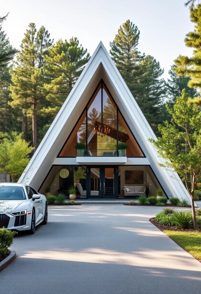 Modern off-white A-frame house with impressive grand entrance