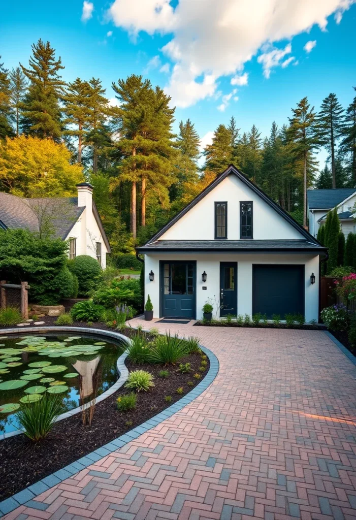 Simple minimalist black and white house design, black garage doors, gable roof.