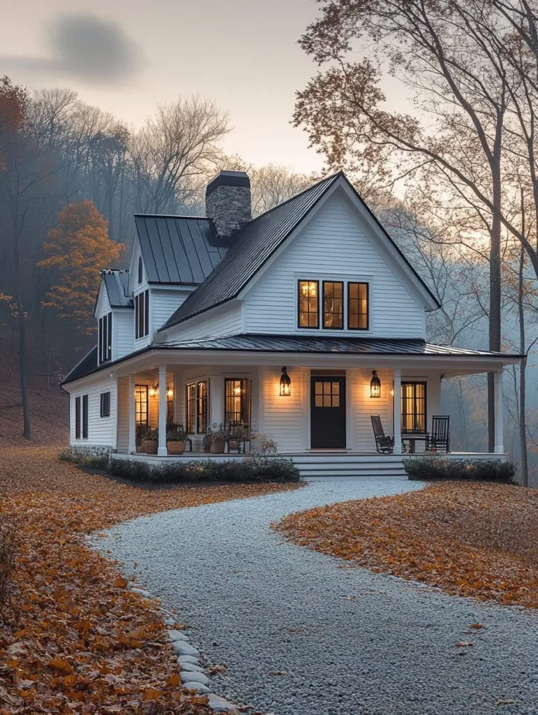 Modern farmhouse cottage with white siding and dark trim.