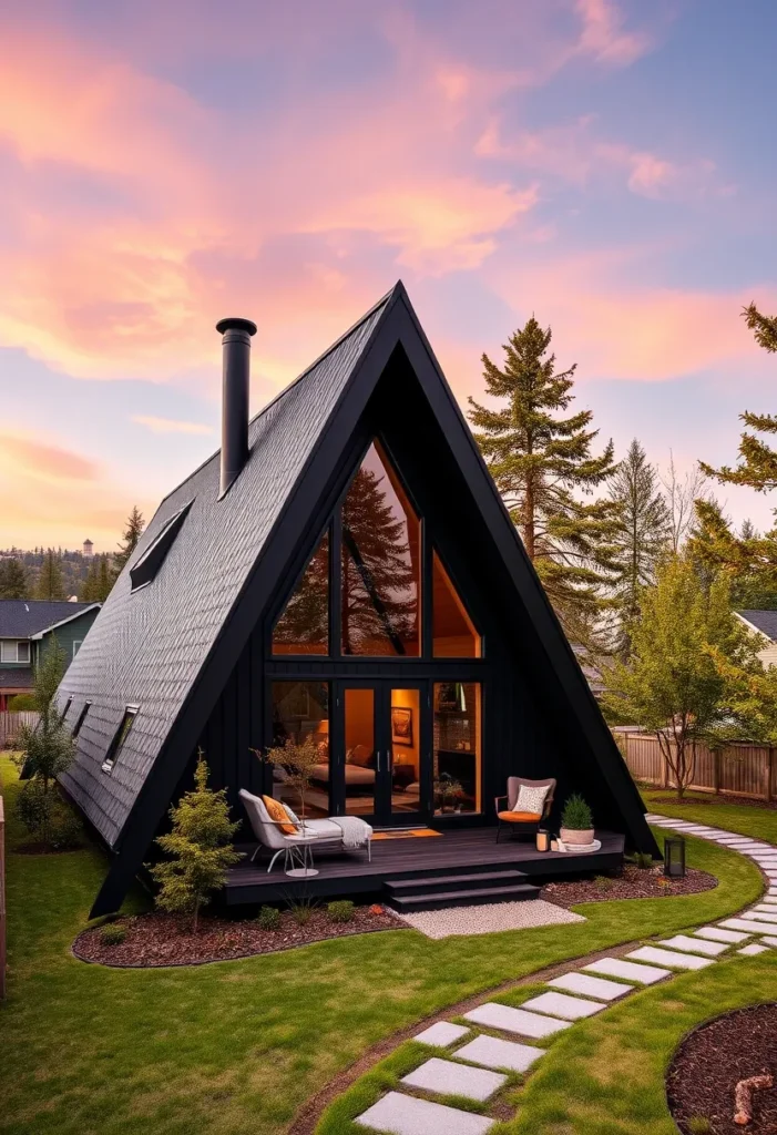 Modern dream tiny A-frame cabin with a black exterior and abundant windows.