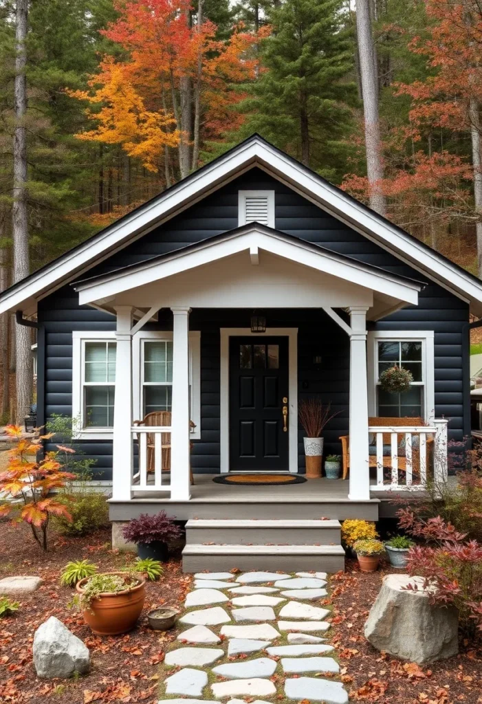 Black bungalow cottage with white trim and front porch