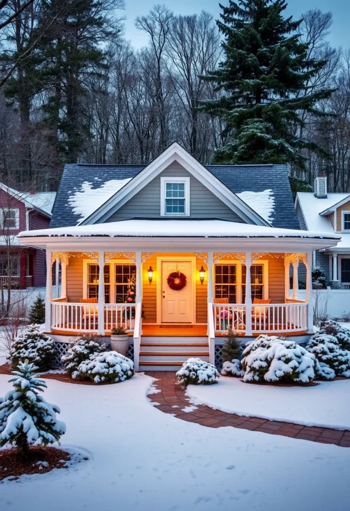 Cozy tiny cottage with beige exterior and inviting porch light in winter