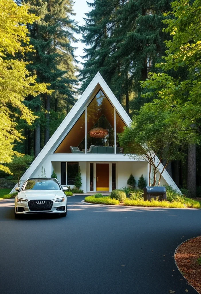 Off-white A-frame house nestled in a green forest