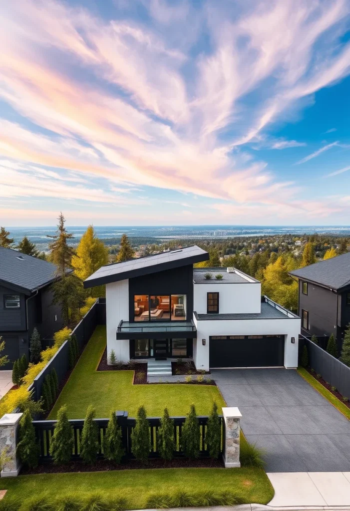 Modern minimalist black and white house design, angular roof, large windows.