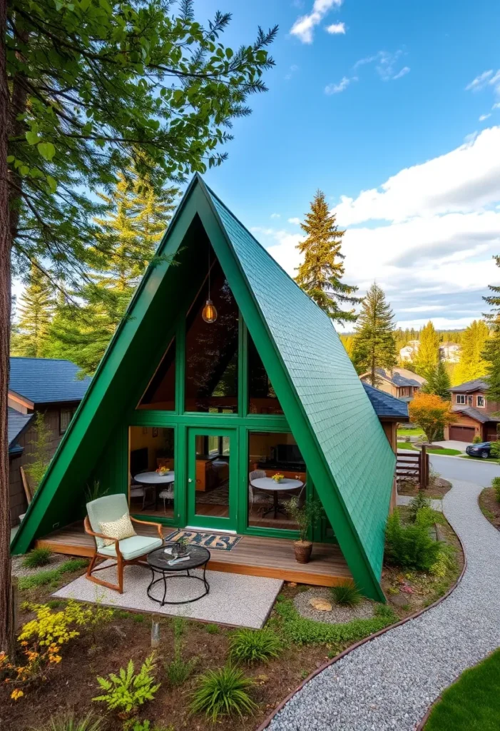 Dream tiny A-frame cabin with a unique green exterior.