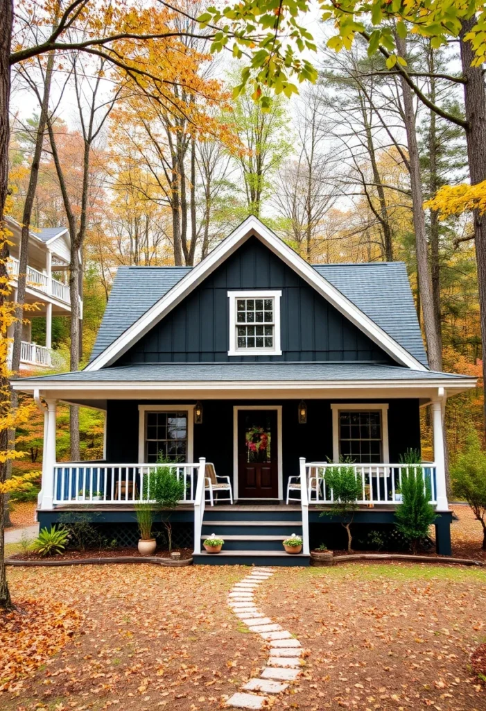 Black craftsman cottage with white trim and large porch