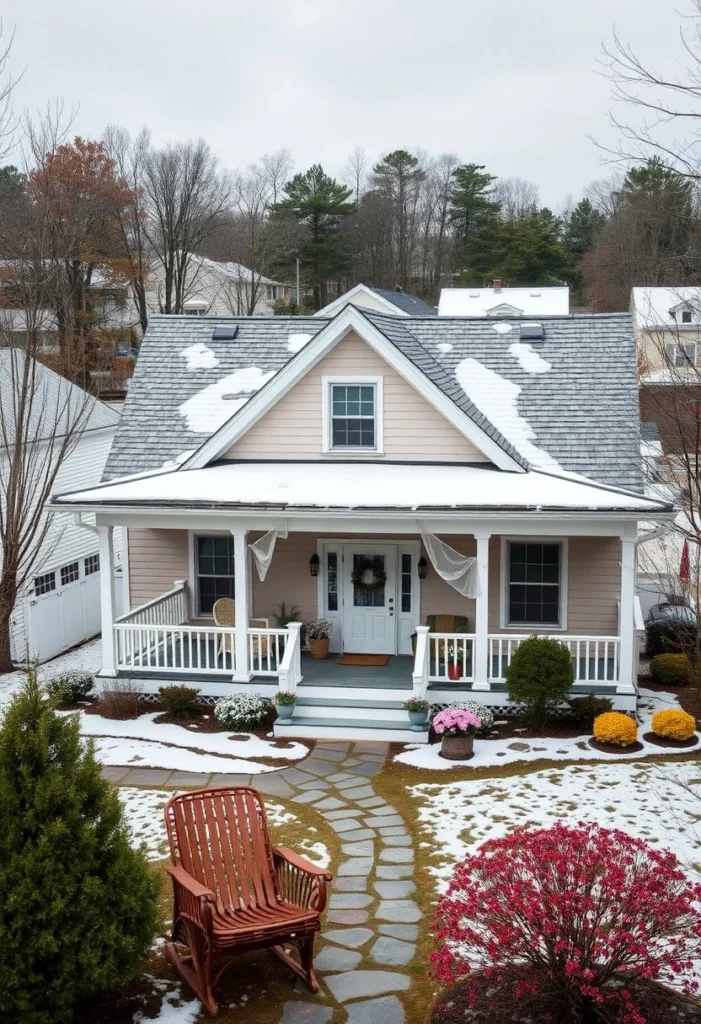 Tiny cottage with apricot exterior, white trim, and porch in winter