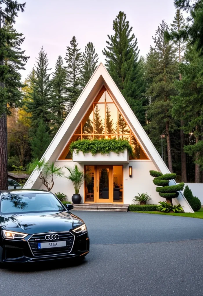 Off-white A-frame house with large reflective windows