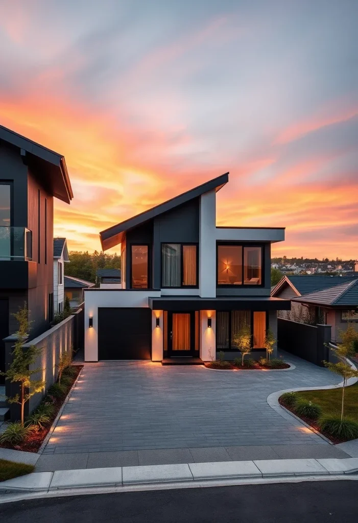 Minimalist black and white house design, sloped roof, exterior lighting.