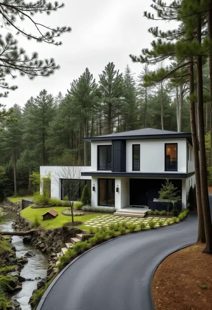 Elegant contemporary home design beside a tranquil stream.