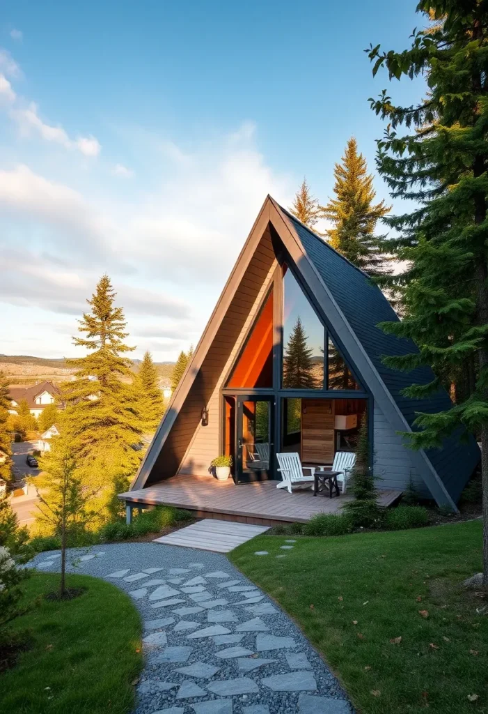 Dream tiny A-frame cabin with a partially covered deck and large windows.