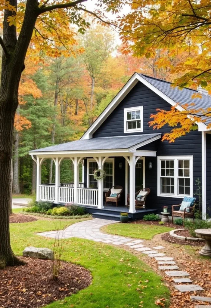 Black cottage with white wrap-around porch and stone pathway