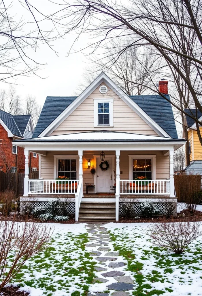 Beige tiny cottage exterior with welcoming porch light in winter