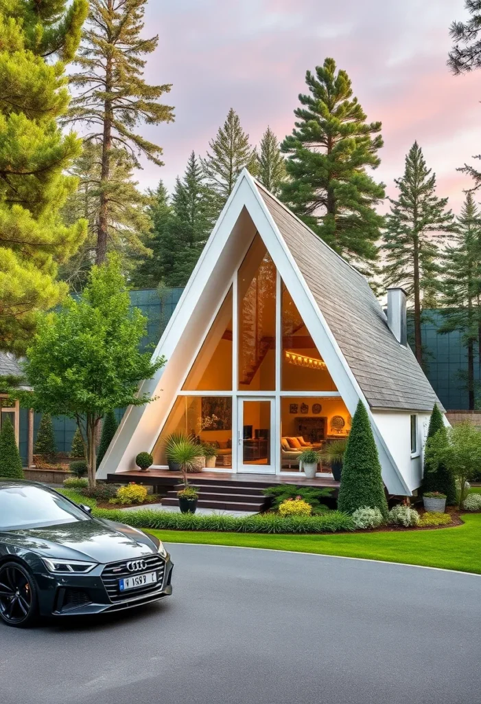 Inviting off-white A-frame house with large deck