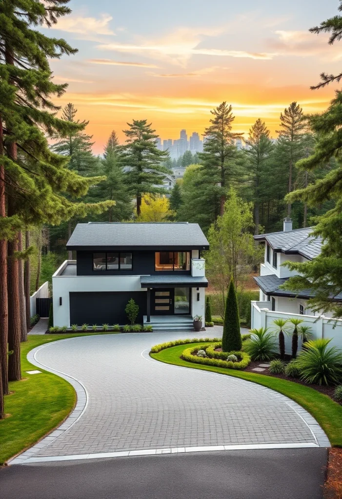 Minimalist black and white house design, dark roof, horizontal window.