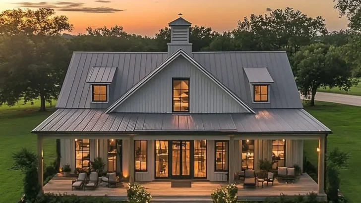 Farmhouse cottage with symmetrical front facade and porch.