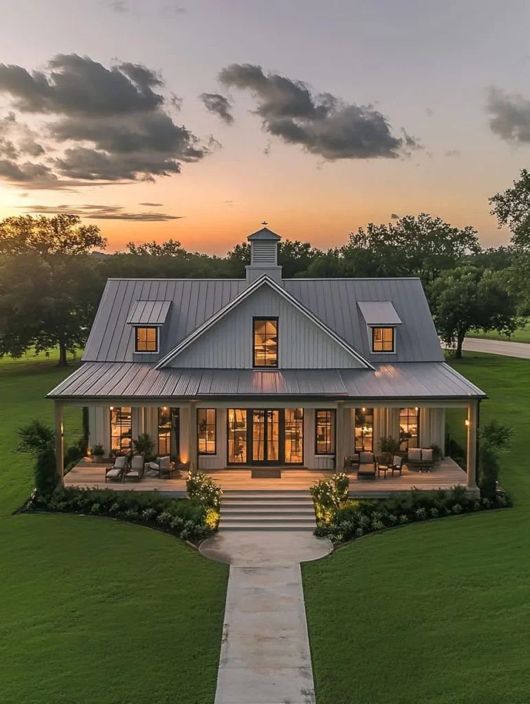 Farmhouse cottage with symmetrical front facade and porch.