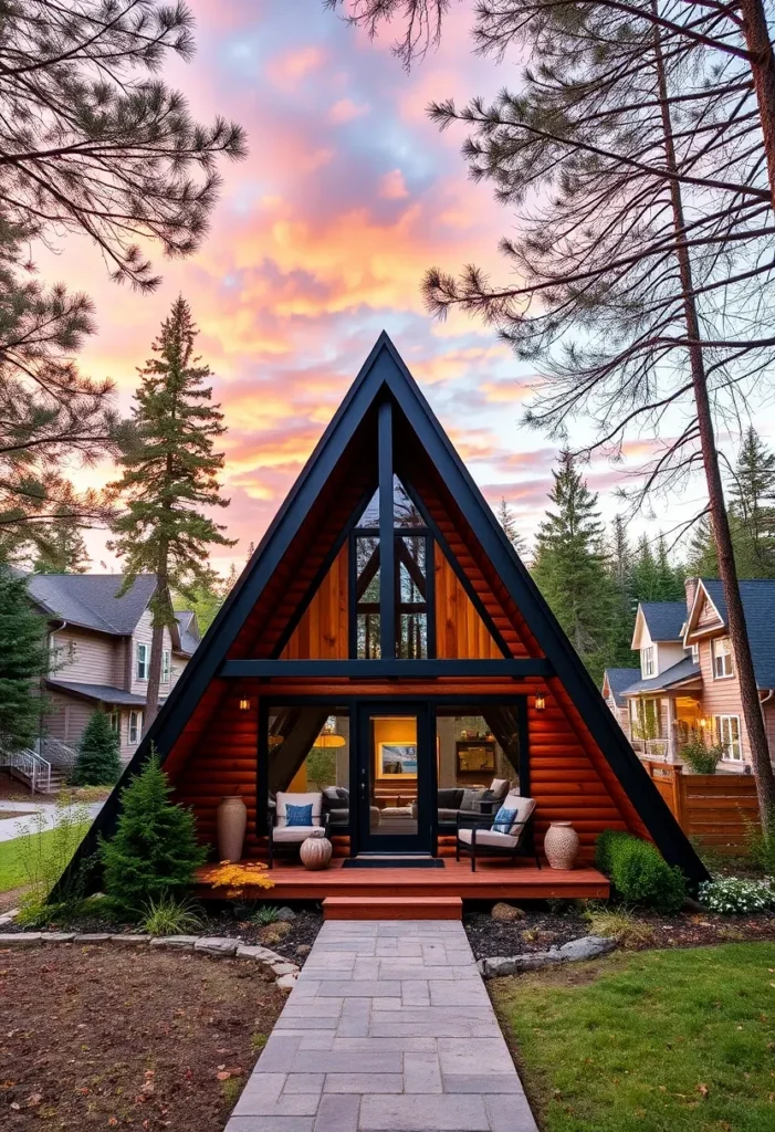 Dream tiny A-frame cabin with a warm wood exterior and black trim.