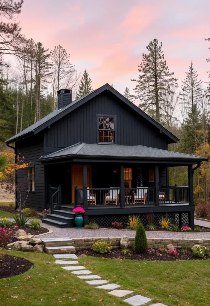 Modern black farmhouse cottage with covered porch and stonework