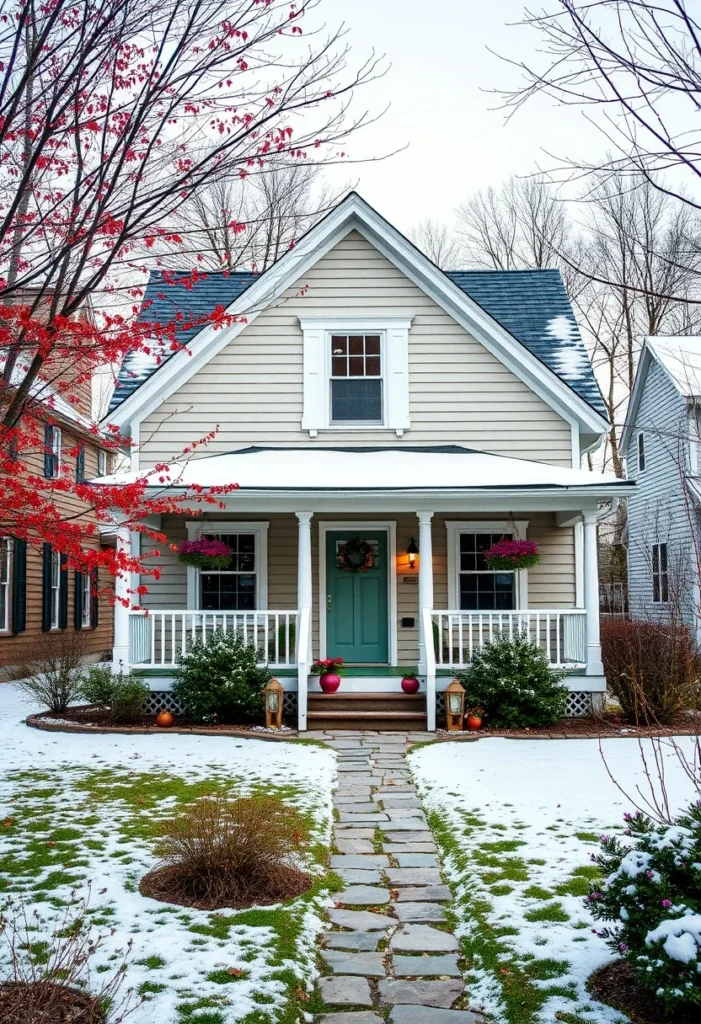 Tiny cottage with beige siding and teal door in a snowy landscape