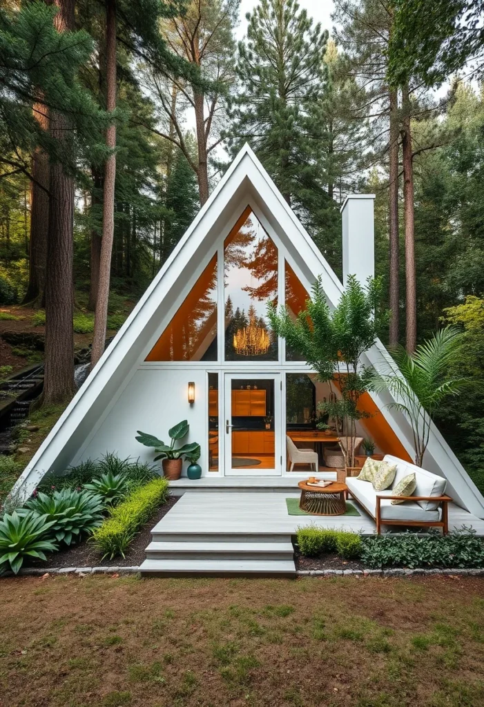 Modernized off-white A-frame cabin with porch