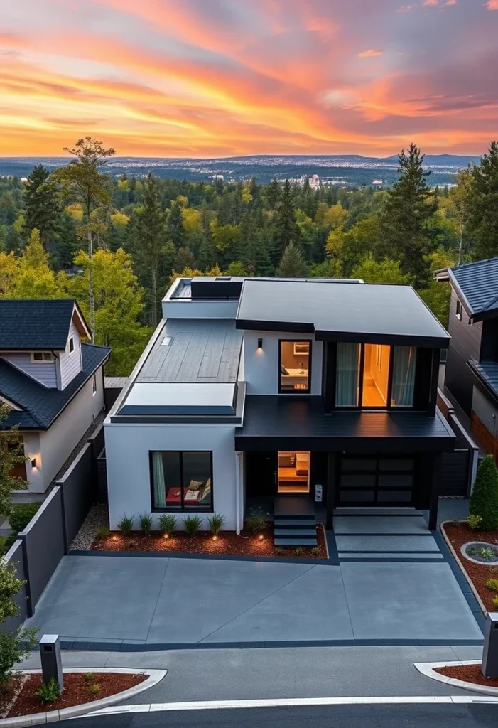 Minimalist black and white house design, multiple rooflines, mixed windows.