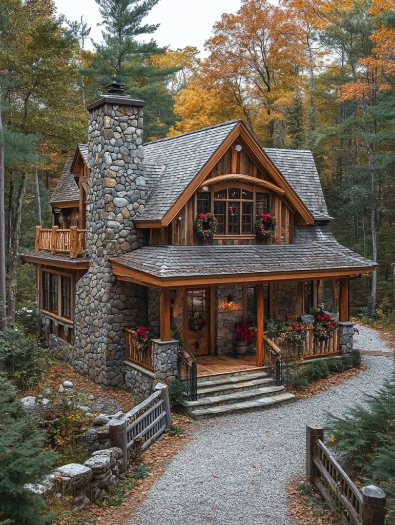 Farmhouse cottage with natural stone and wood exterior details.