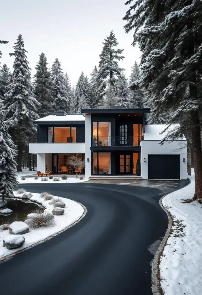 Contemporary home design in a snowy winter landscape setting.