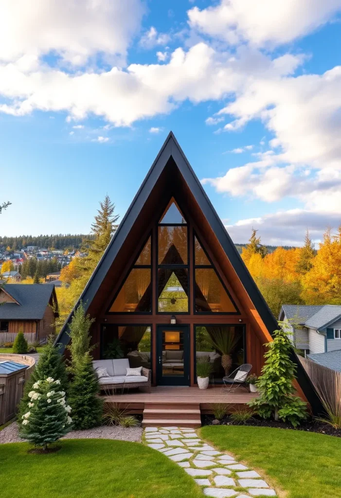 Dream tiny A-frame cabin with large windows and a dark exterior, surrounded by greenery.