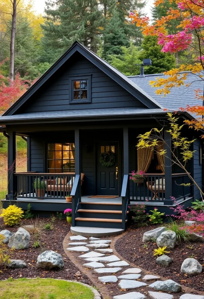 Small black cottage surrounded by trees and natural landscaping