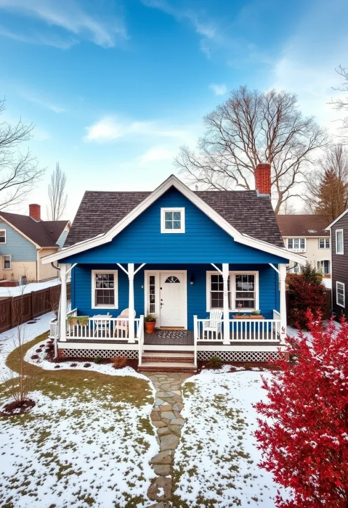 Blue and white tiny cottage exterior with porch in winter